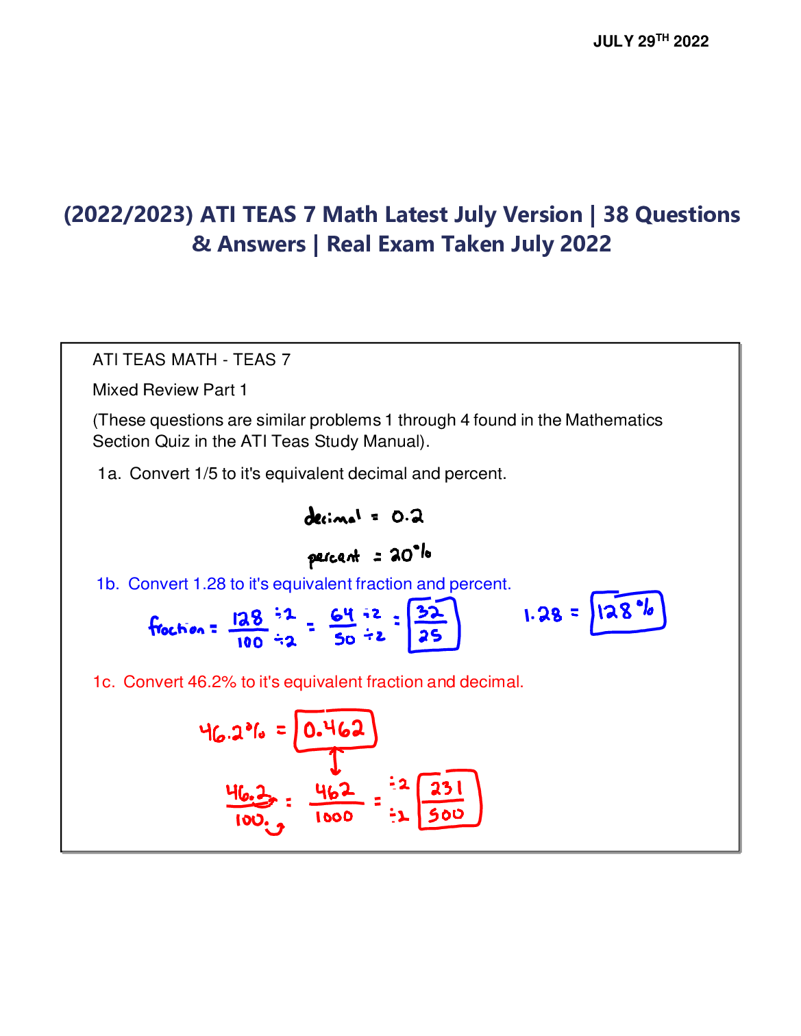 Preview image for (2022/2023) ATI TEAS 7 Math Latest July Version | 38 Questions & Answers | Real Exam Taken July 2022